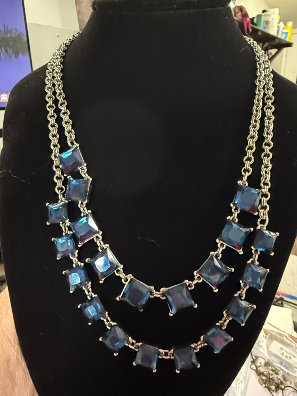 Blue and Silver Tone Rhinestone Necklace